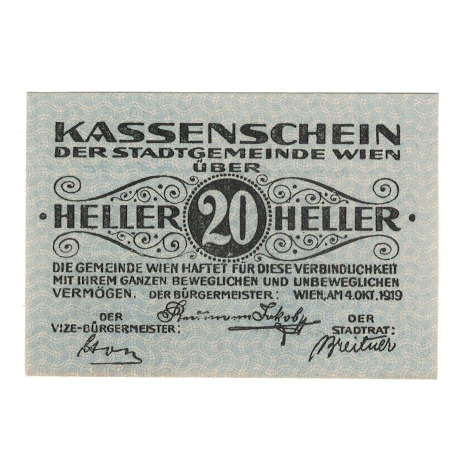 Banknote, Austria, Wien N.Ö. Stadtgemeinde, 20 Heller, texte 1, 1919