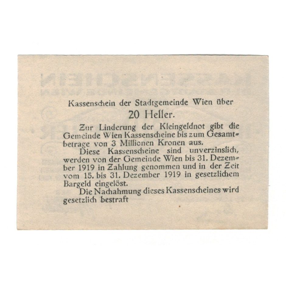 Banknote, Austria, Wien N.Ö. Stadtgemeinde, 20 Heller, texte 1, 1919
