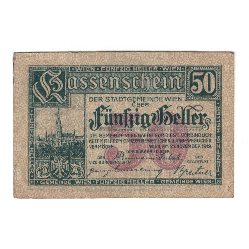 Banknote, Austria, Wien N.Ö. Stadtgemeinde, 50 Heller, Texte, 1919, 1919-12-31