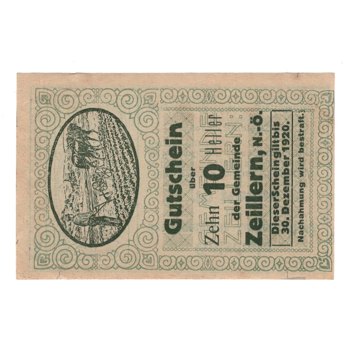 Biljet, Oostenrijk, Zeillern N.Ö. Gemeinde, 10 Heller, personnage, 1920