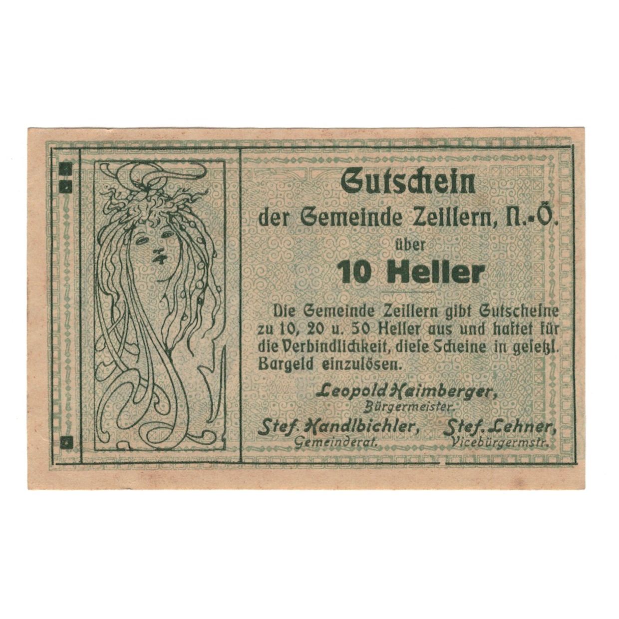 Biljet, Oostenrijk, Zeillern N.Ö. Gemeinde, 10 Heller, personnage, 1920
