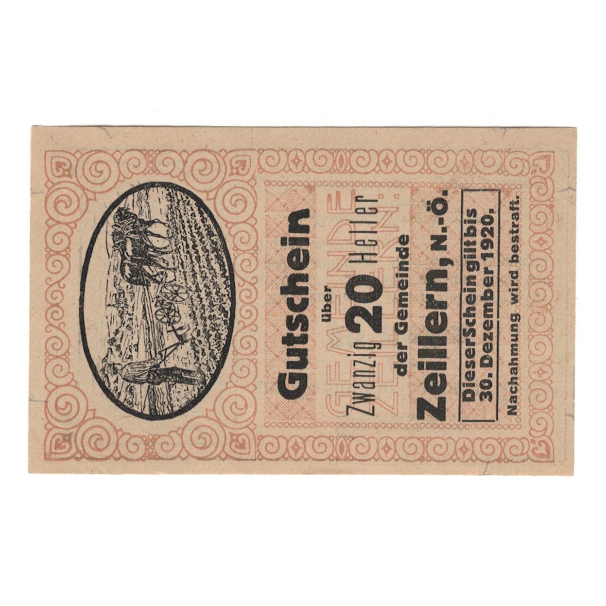Biljet, Oostenrijk, Zeillern N.Ö. Gemeinde, 20 Heller, personnage, 1920