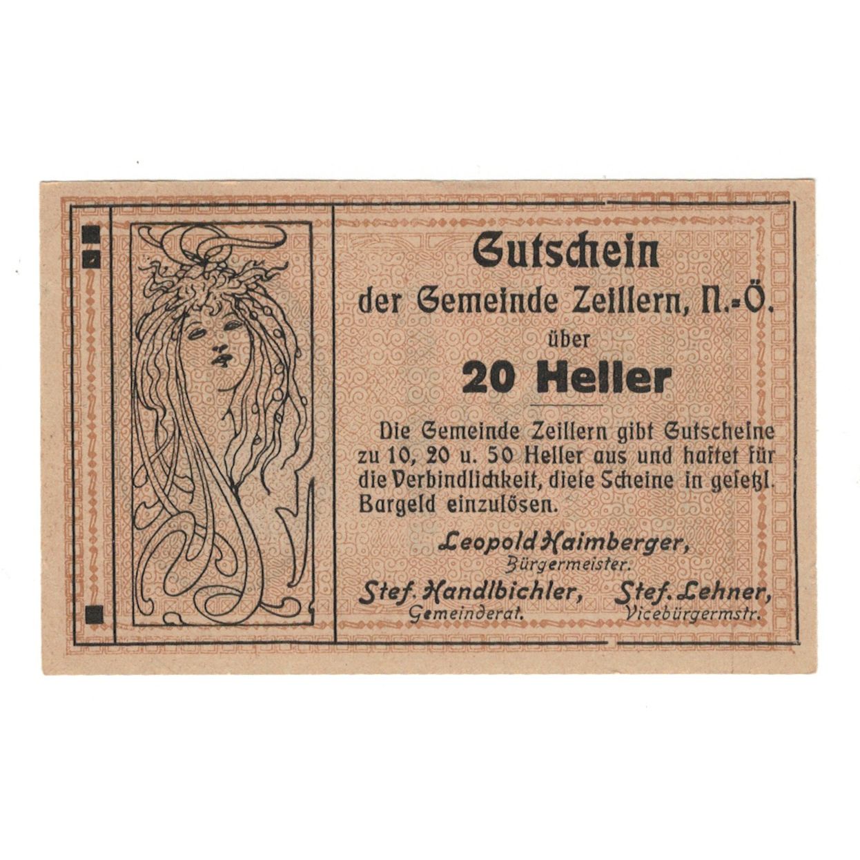 Biljet, Oostenrijk, Zeillern N.Ö. Gemeinde, 20 Heller, personnage, 1920