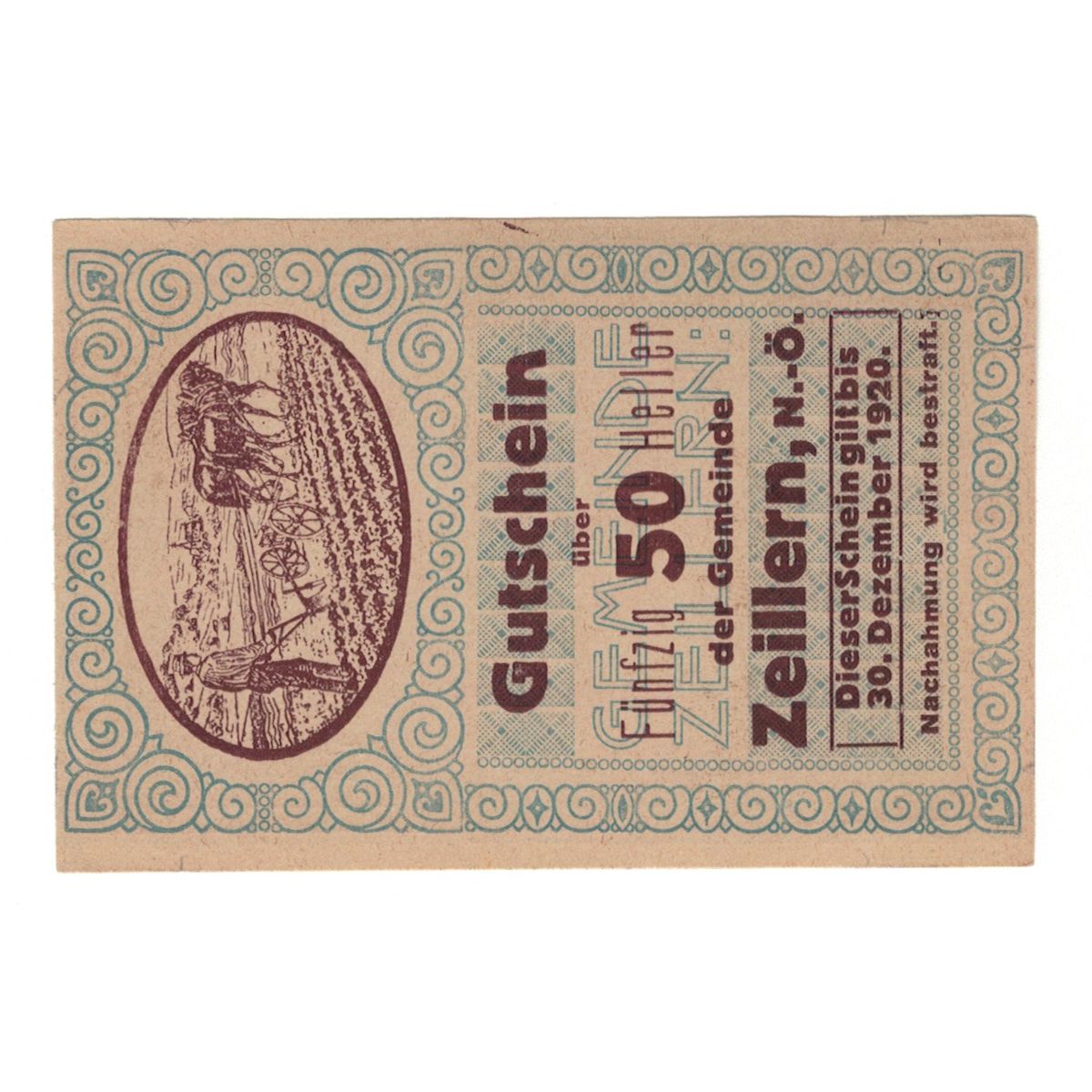 Biljet, Oostenrijk, Zeillern N.Ö. Gemeinde, 50 Heller, personnage, 1920