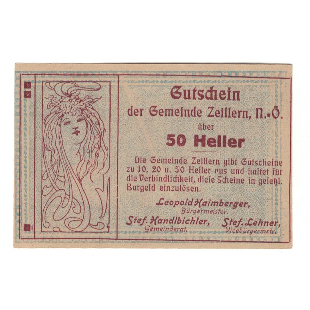 Biljet, Oostenrijk, Zeillern N.Ö. Gemeinde, 50 Heller, personnage, 1920
