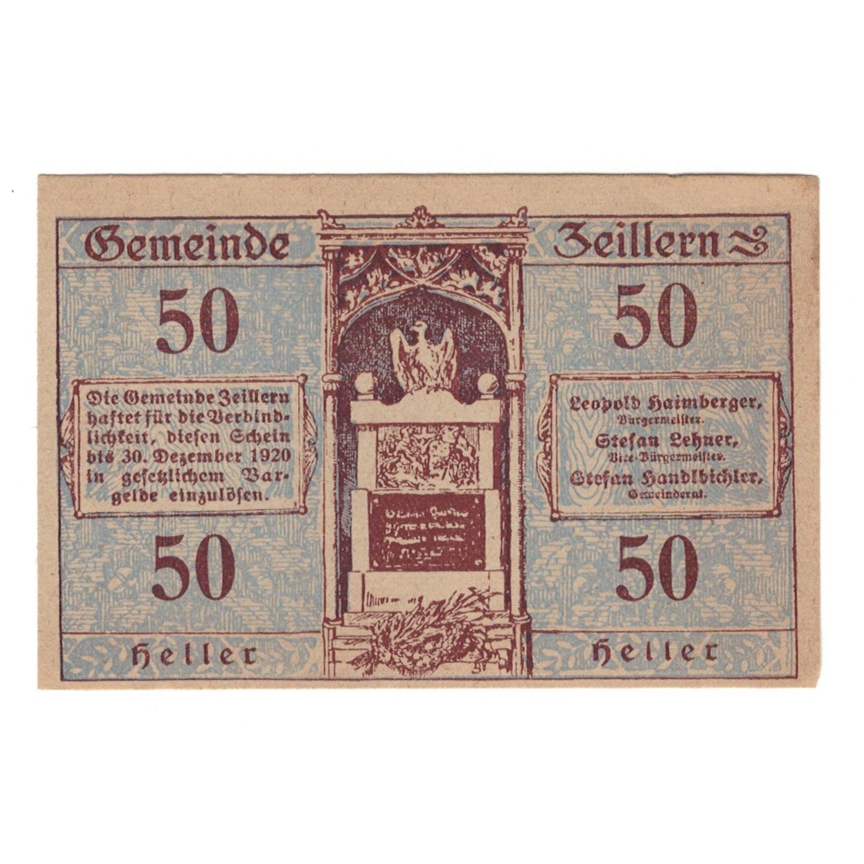 Banknote, Austria, Zeillern N.Ö. Gemeinde, 50 Heller, paysage, 1920