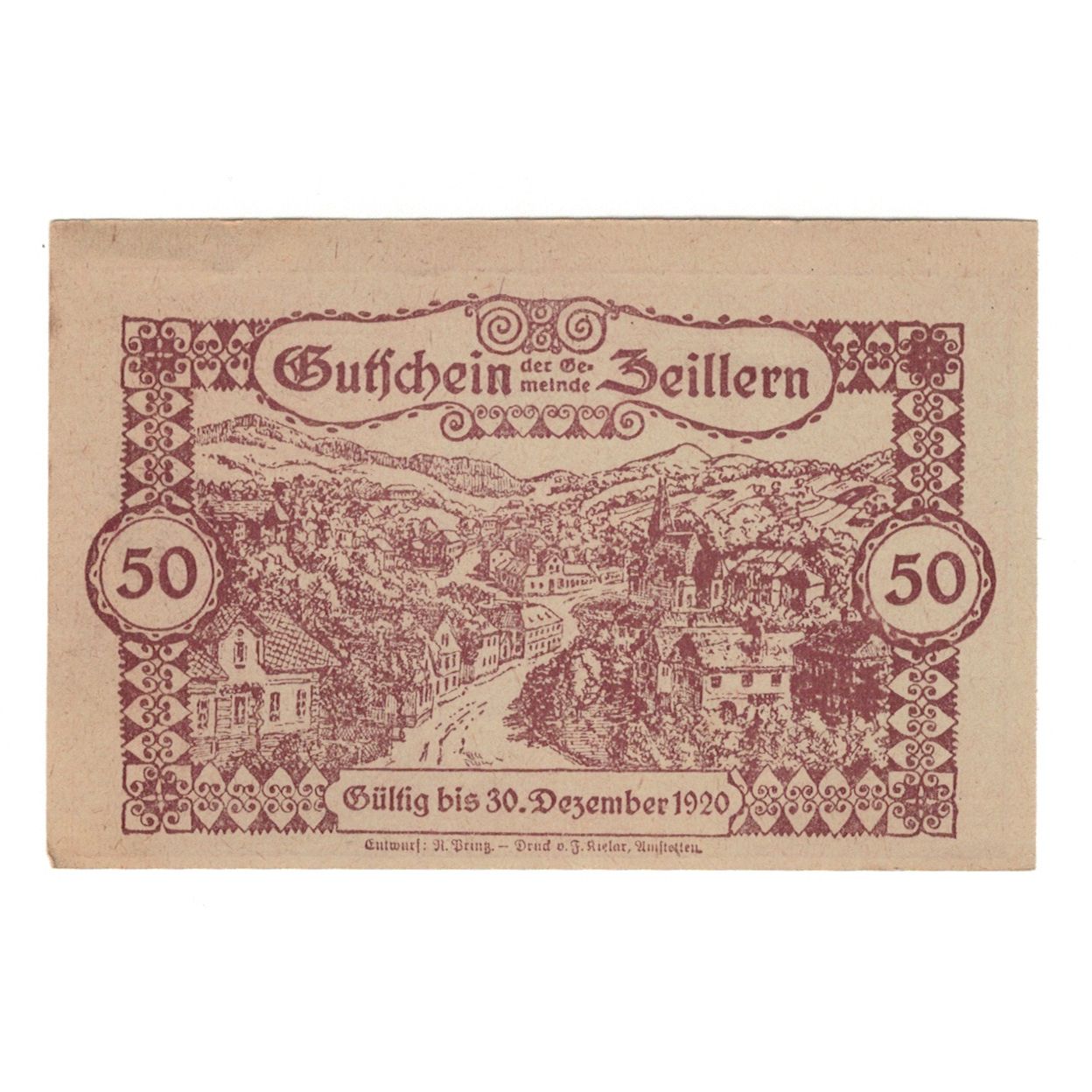 Banknote, Austria, Zeillern N.Ö. Gemeinde, 50 Heller, paysage, 1920