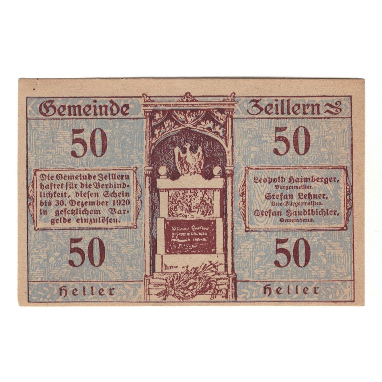 Banknote, Austria, Zeillern N.Ö. Gemeinde, 50 Heller, paysage 1, 1920