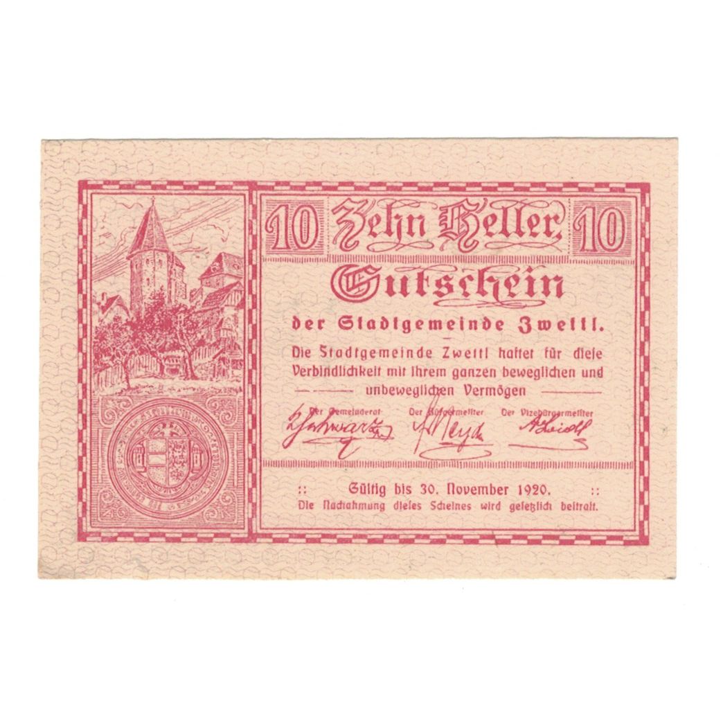 Banknote, Austria, Zwettl N.Ö. Stadtgemeinde, 10 Heller, valeur faciale, 1920