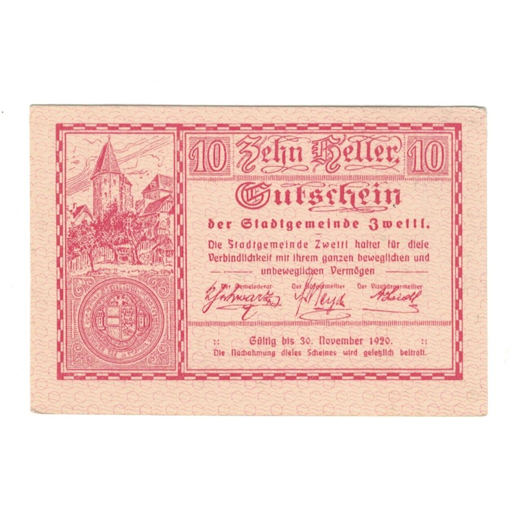 Banknote, Austria, Zwettl N.Ö. Stadtgemeinde, 10 Heller, valeur faciale 1