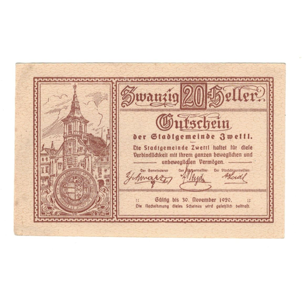 Banknote, Austria, Zwettl N.Ö. Stadtgemeinde, 20 Heller, valeur faciale 1