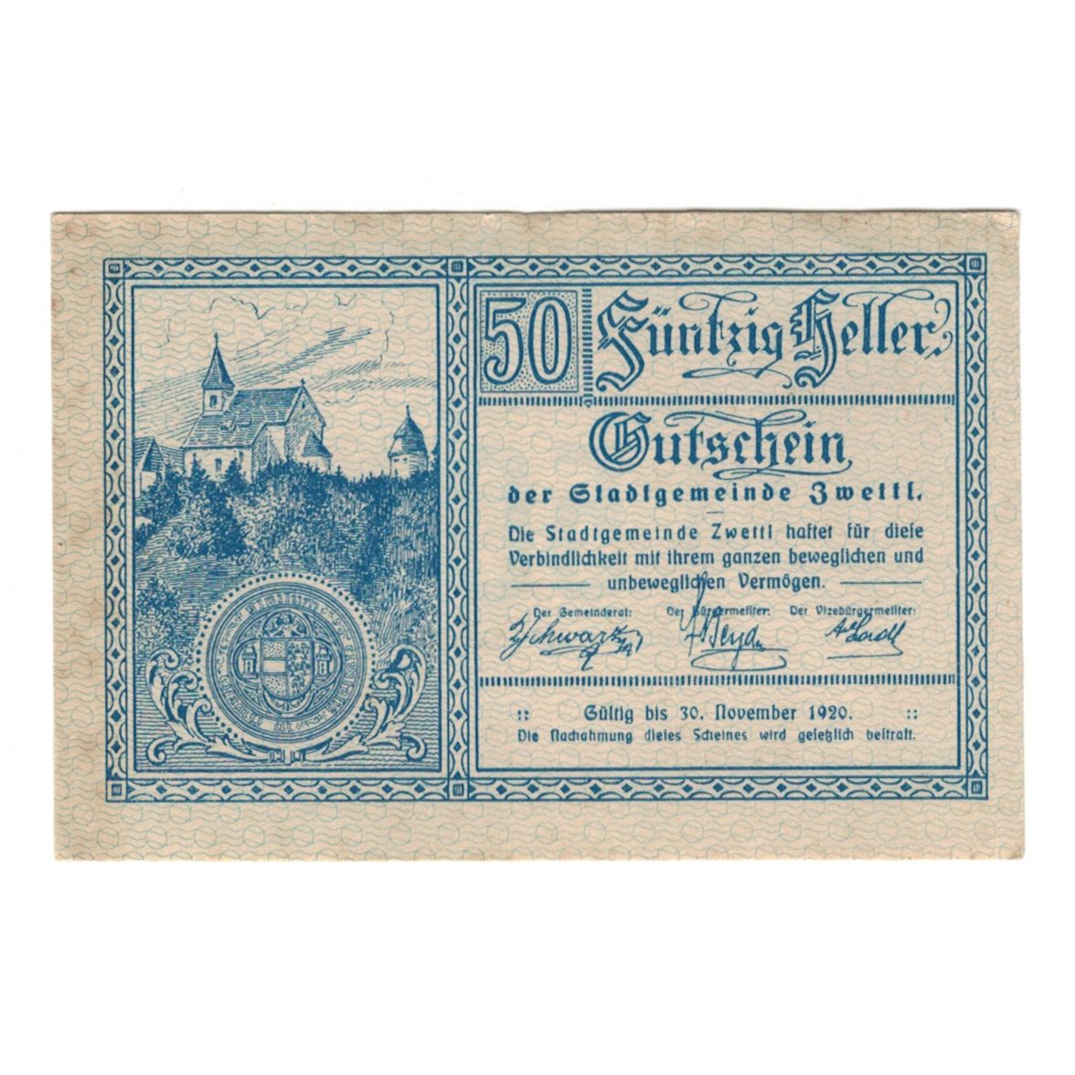 Banknote, Austria, Zwettl N.Ö. Stadtgemeinde, 50 Heller, valeur faciale, 1920