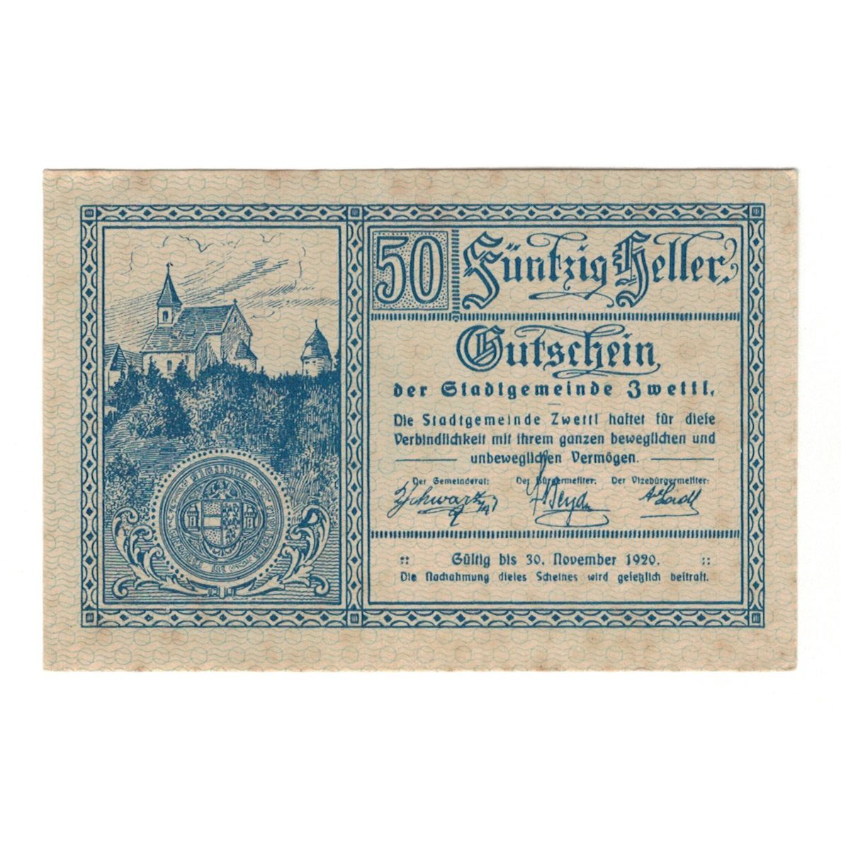 Banknote, Austria, Zwettl N.Ö. Stadtgemeinde, 50 Heller, valeur faciale 1