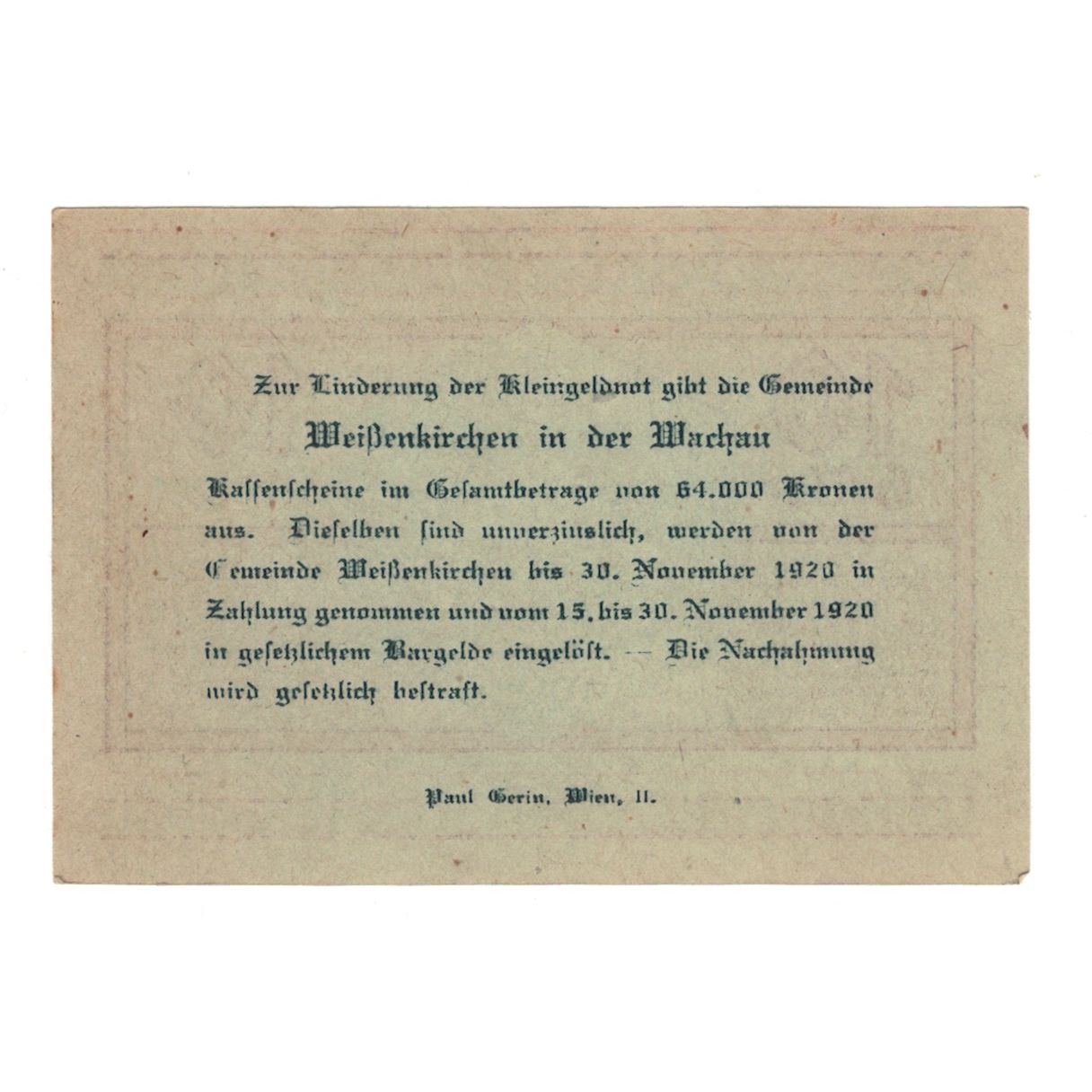 Banknote, Austria, Weissenkirchen in der Wachau N.Ö. Marktgemeinde, 10 Heller