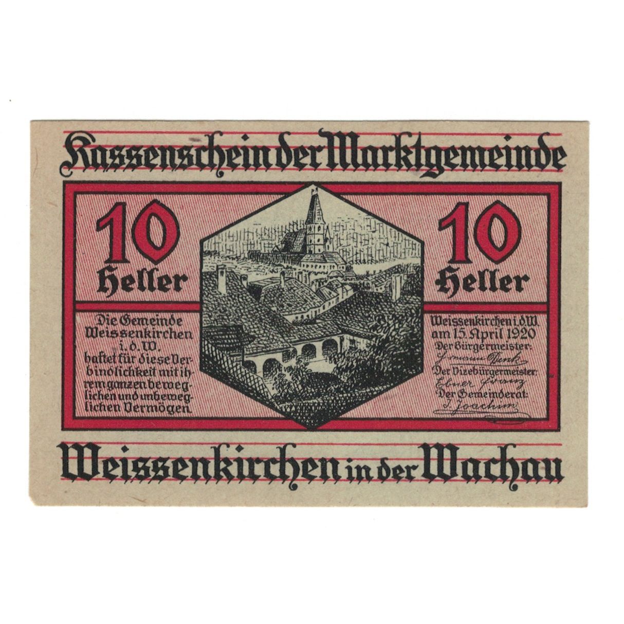 Banknote, Austria, Weissenkirchen in der Wachau N.Ö. Marktgemeinde, 10 Heller