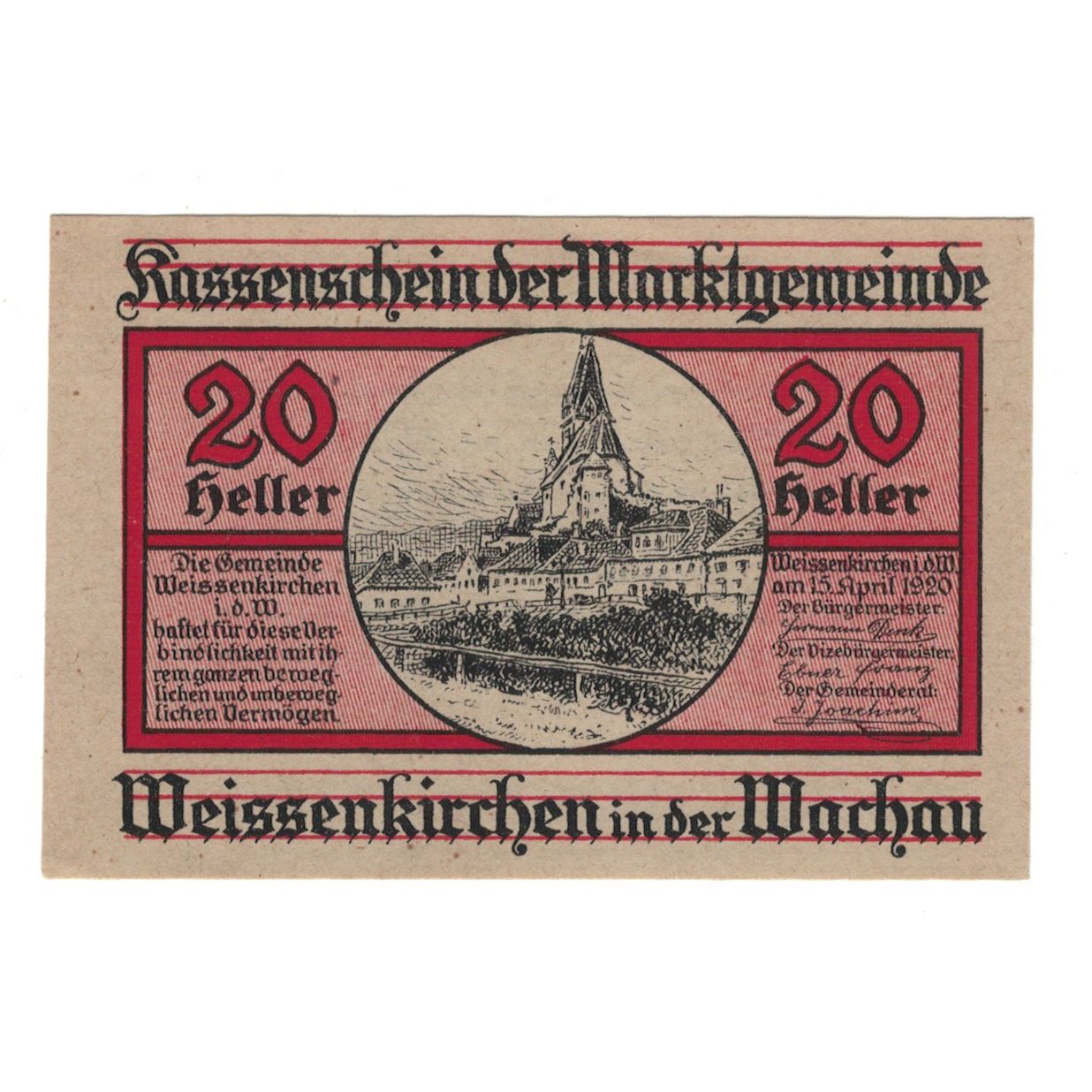 Banknote, Austria, Weissenkirchen in der Wachau N.Ö. Marktgemeinde, 20 Heller