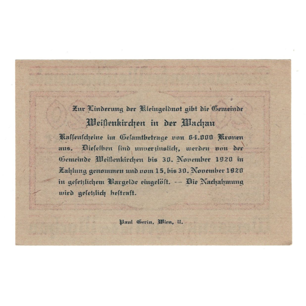 Banknote, Austria, Weissenkirchen in der Wachau N.Ö. Marktgemeinde, 20 Heller