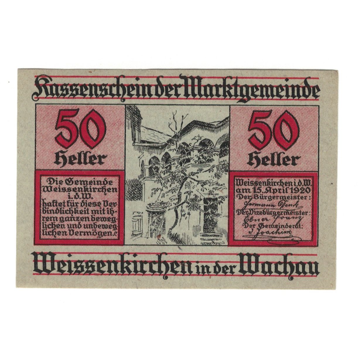 Banknote, Austria, Weissenkirchen in der Wachau N.Ö. Marktgemeinde, 50 Heller