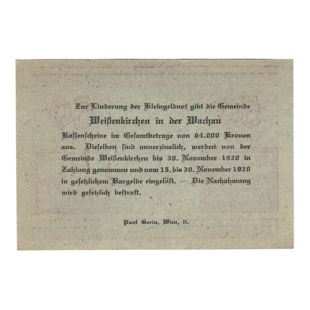 Banknote, Austria, Weissenkirchen in der Wachau N.Ö. Marktgemeinde, 50 Heller