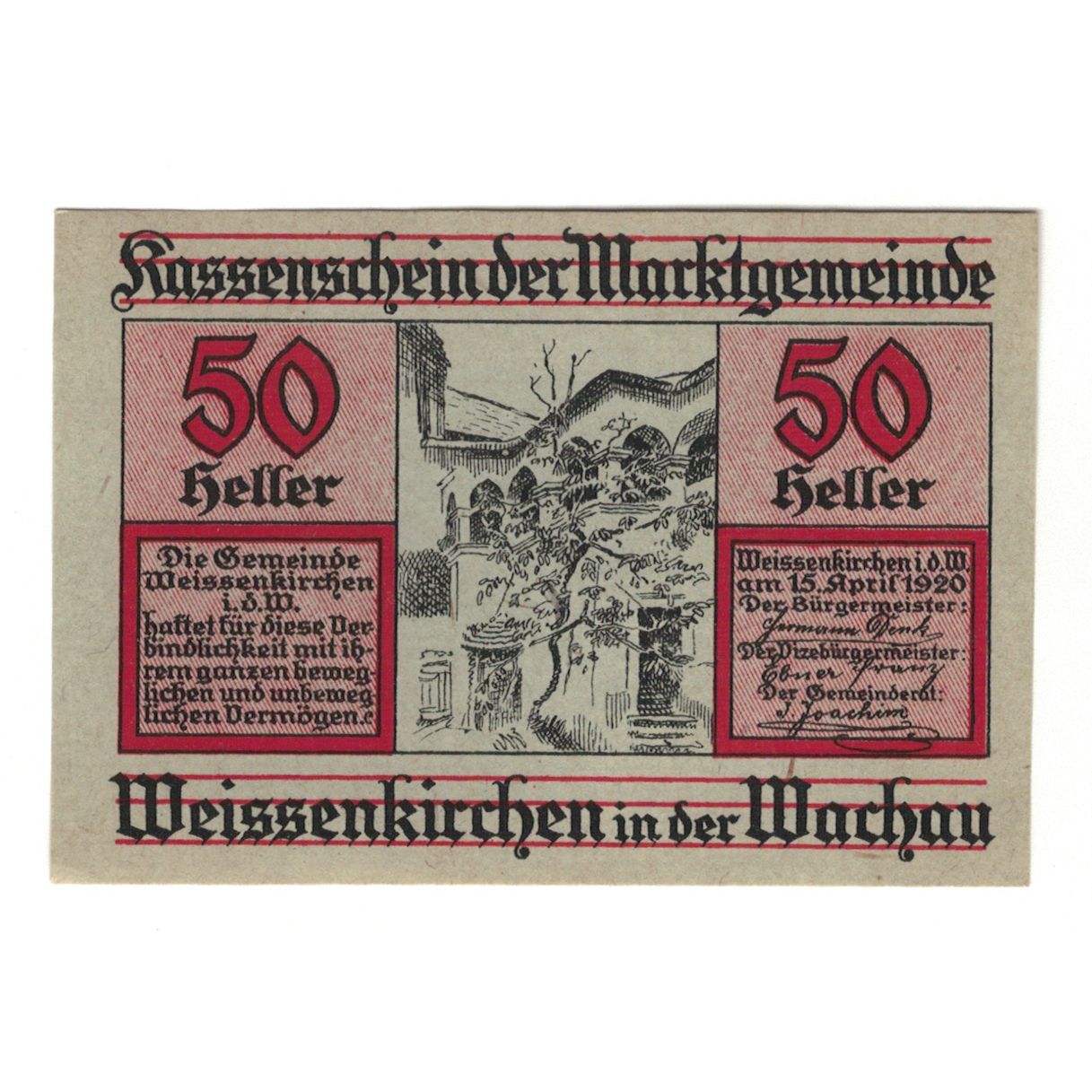 Banknote, Austria, Weissenkirchen in der Wachau N.Ö. Marktgemeinde, 50 Heller