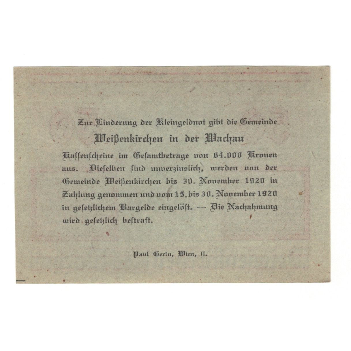 Banknote, Austria, Weissenkirchen in der Wachau N.Ö. Marktgemeinde, 50 Heller
