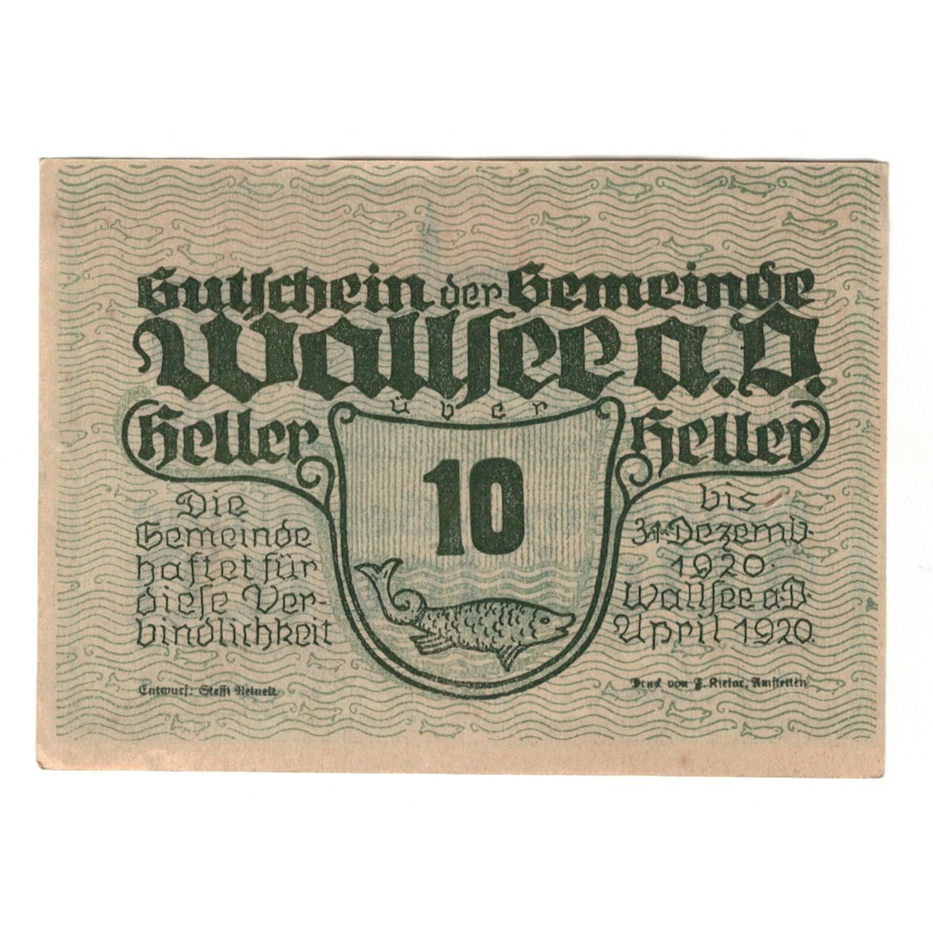 Geldschein, Österreich, Wallsee N.Ö. Gemeinde, 10 Heller, valeur faciale 2