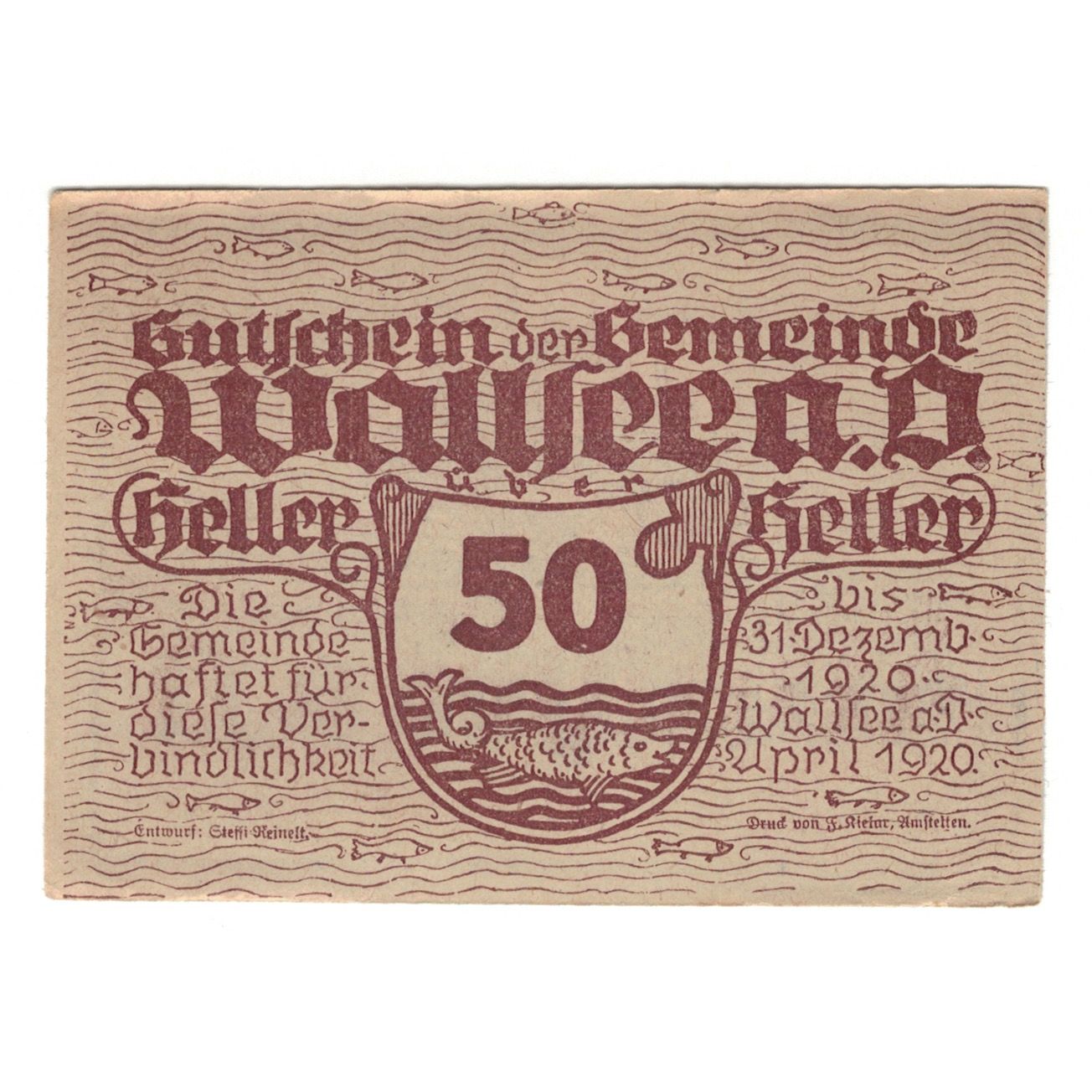 Geldschein, Österreich, Wallsee N.Ö. Gemeinde, 50 Heller, valeur faciale