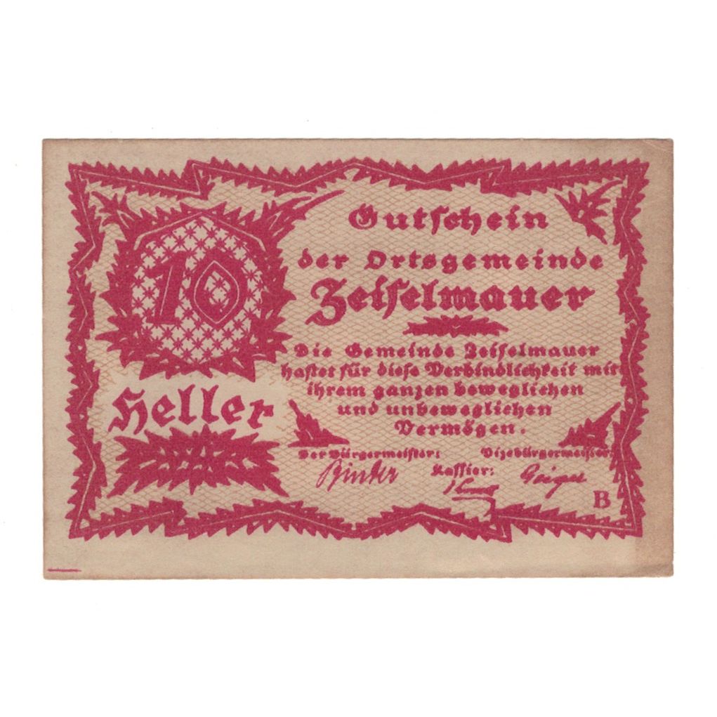 Banknote, Austria, Zeiselmauer N.Ö. Ortsgemeinde, 10 Heller, Texte, 1920