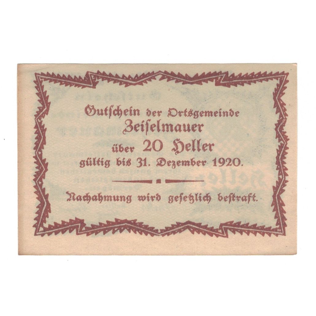 Banknote, Austria, Zeiselmauer N.Ö. Ortsgemeinde, 20 Heller, Texte, 1920