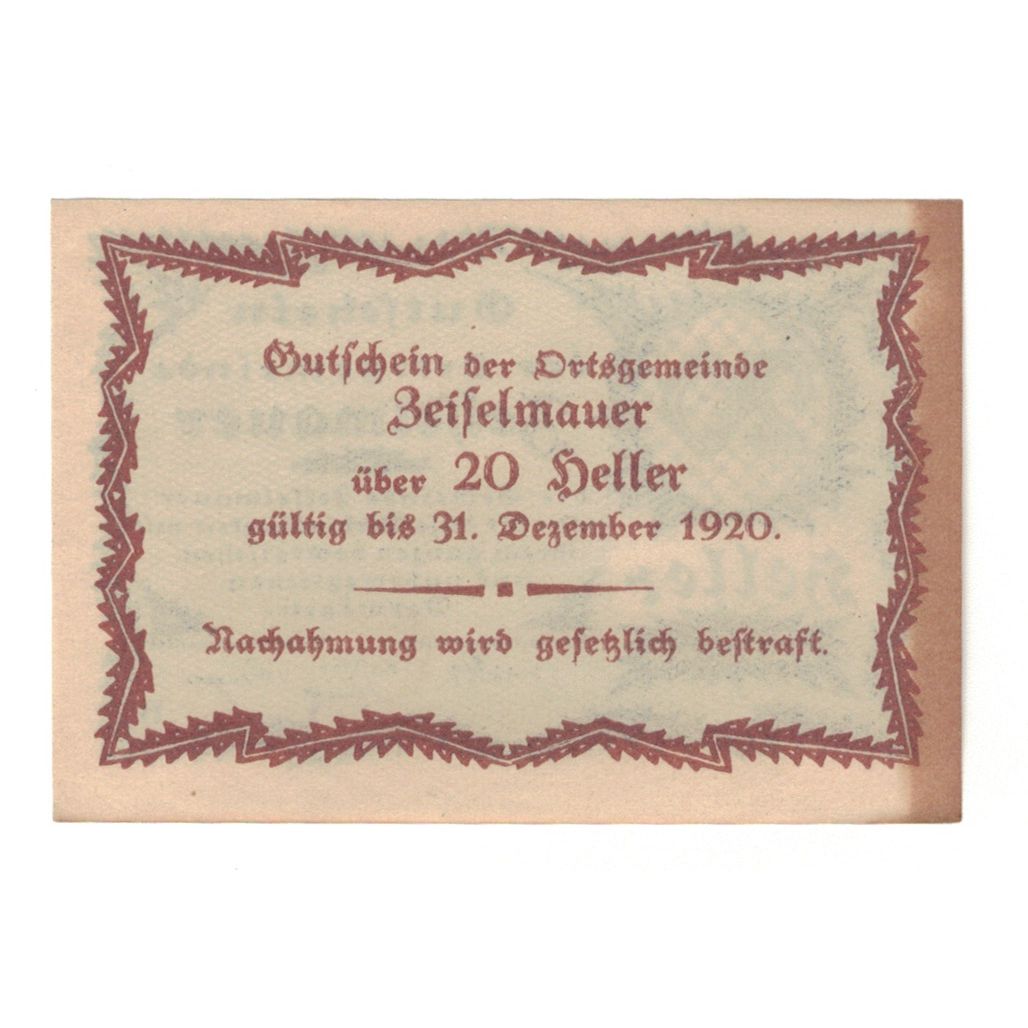 Banknote, Austria, Zeiselmauer N.Ö. Ortsgemeinde, 20 Heller, texte 1, 1920