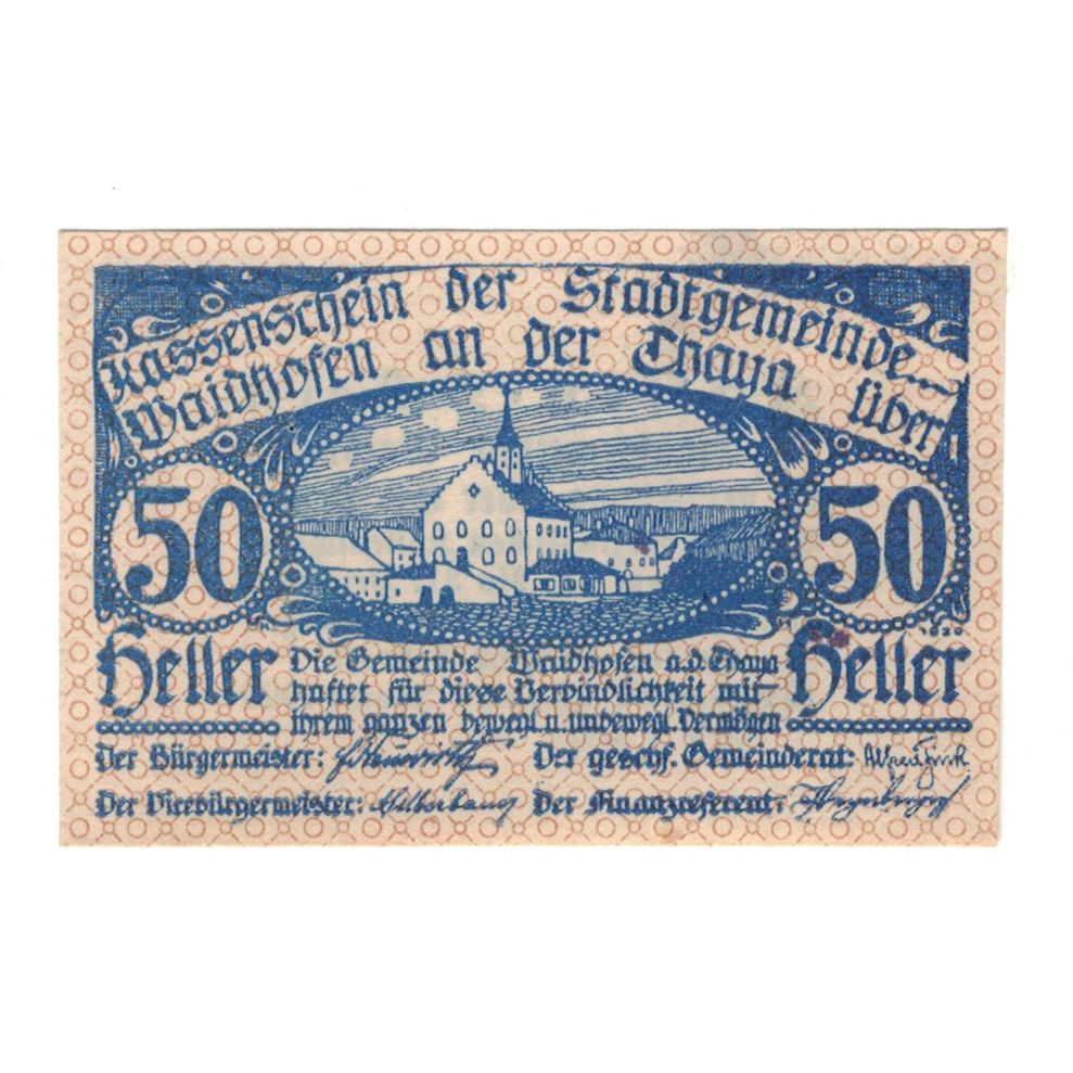 Banknote, Austria, Waidhofen An Der Thaya N.Ö. Stadtgemeinde, 50 Heller, texte