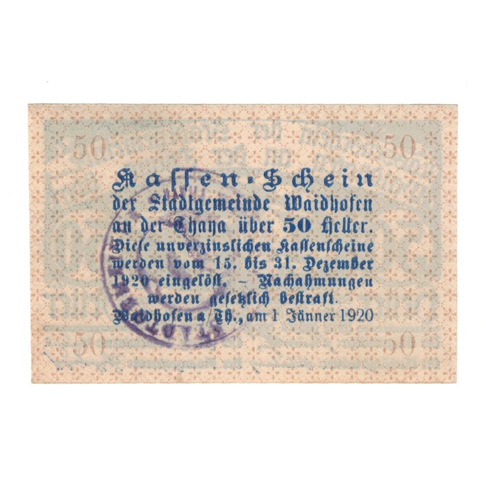 Banknote, Austria, Waidhofen An Der Thaya N.Ö. Stadtgemeinde, 50 Heller, texte
