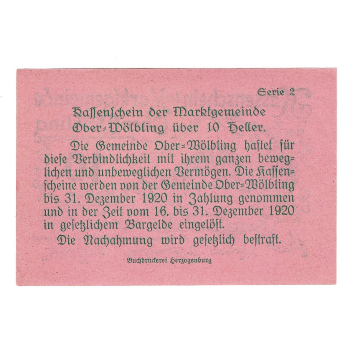 Banknote, Austria, Ober-Wölbling N.Ö. Marktgemeinde, 10 Heller, texte 1, 1920