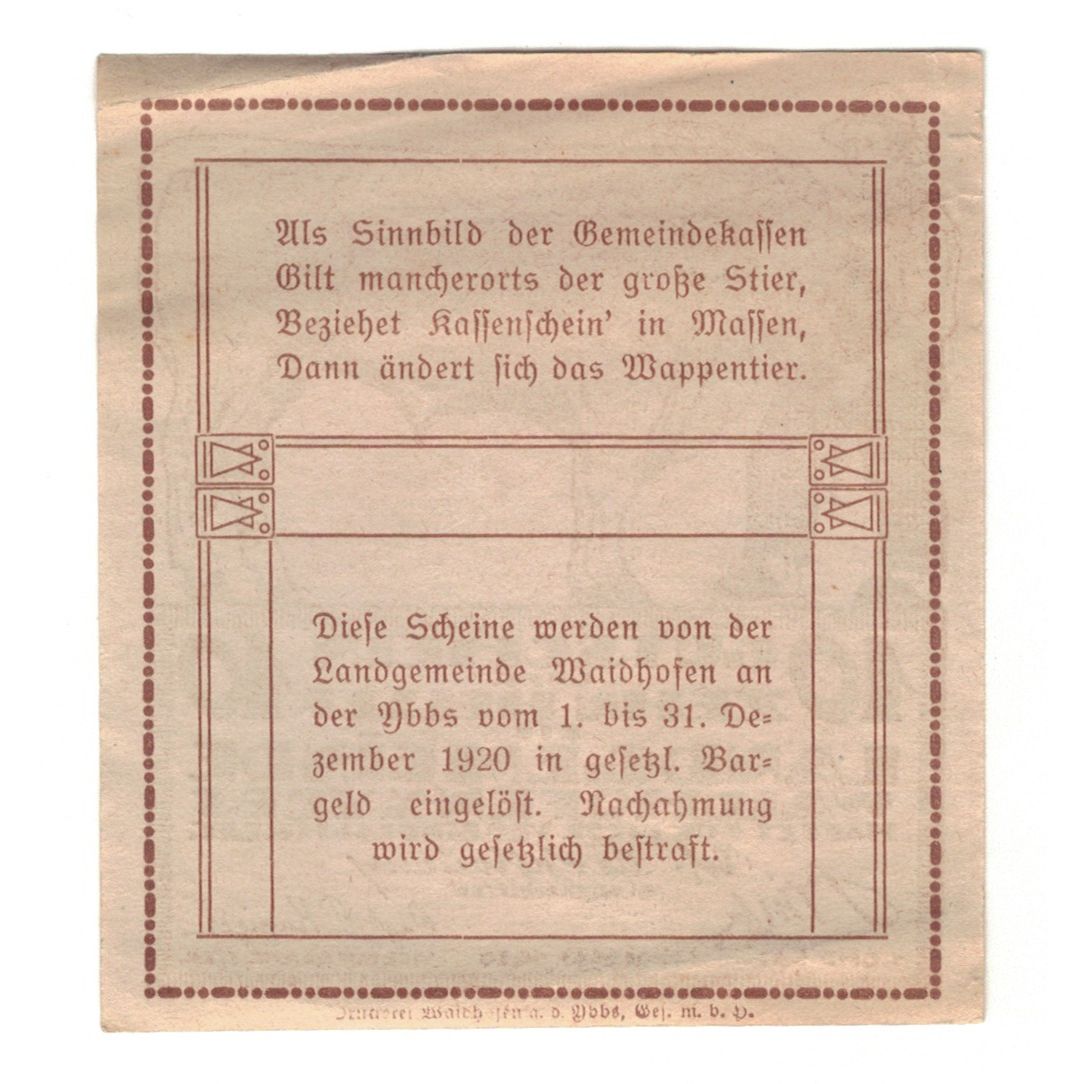 Banknot, Austria, Waidhofen An Der Ybbs N.Ö. Landgemeinde, 10 Heller, Texte
