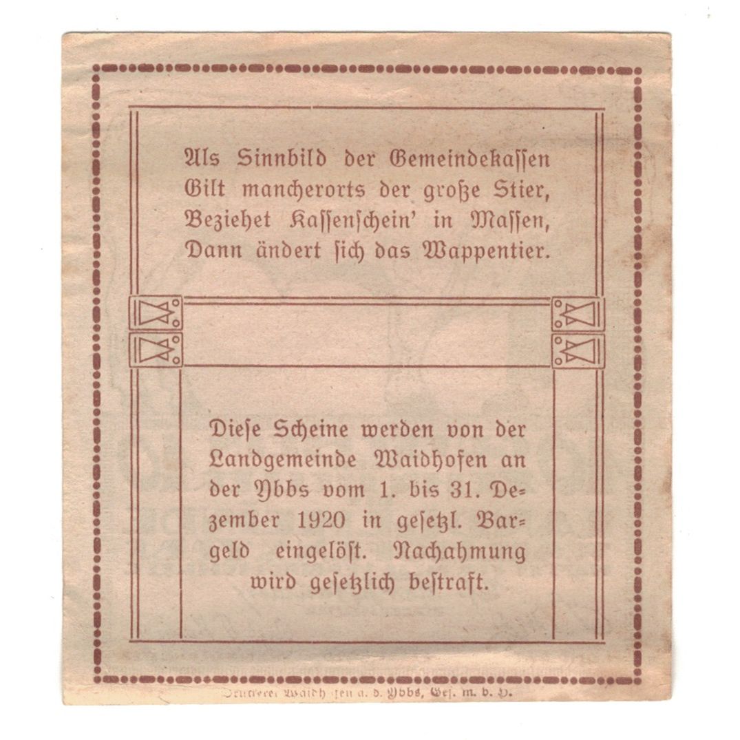 Banknote, Austria, Waidhofen An Der Ybbs N.Ö. Landgemeinde, 10 Heller, texte 1