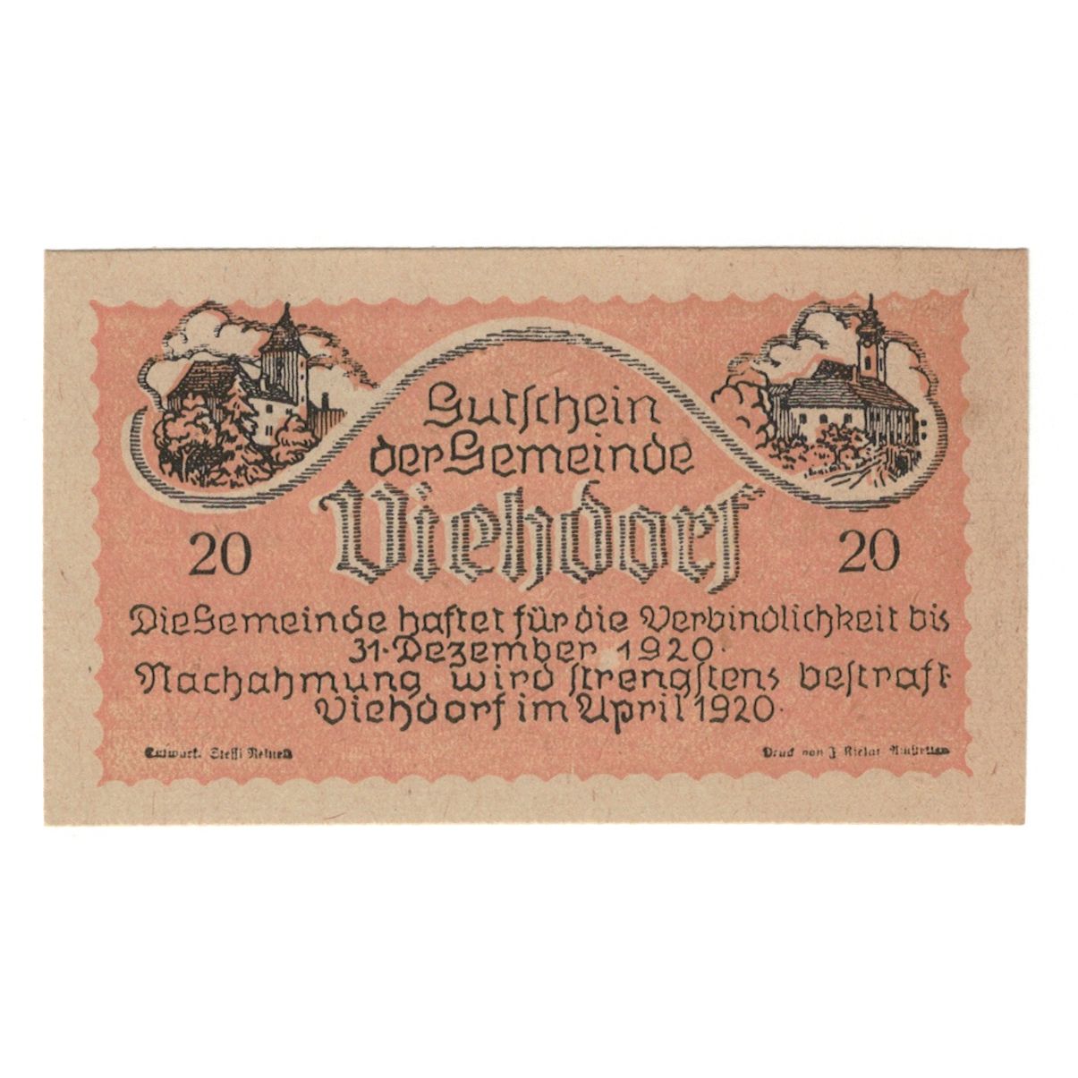 Banknot, Austria, Viehdorf N.Ö. Gemeinde, 20 Heller, Vaches, 1920, 1920-12-31