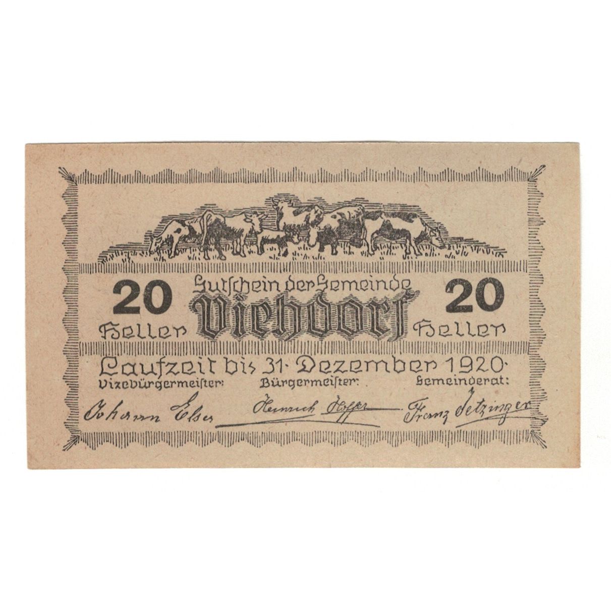 Geldschein, Österreich, Viehdorf N.Ö. Gemeinde, 20 Heller, Vaches 1, 1920