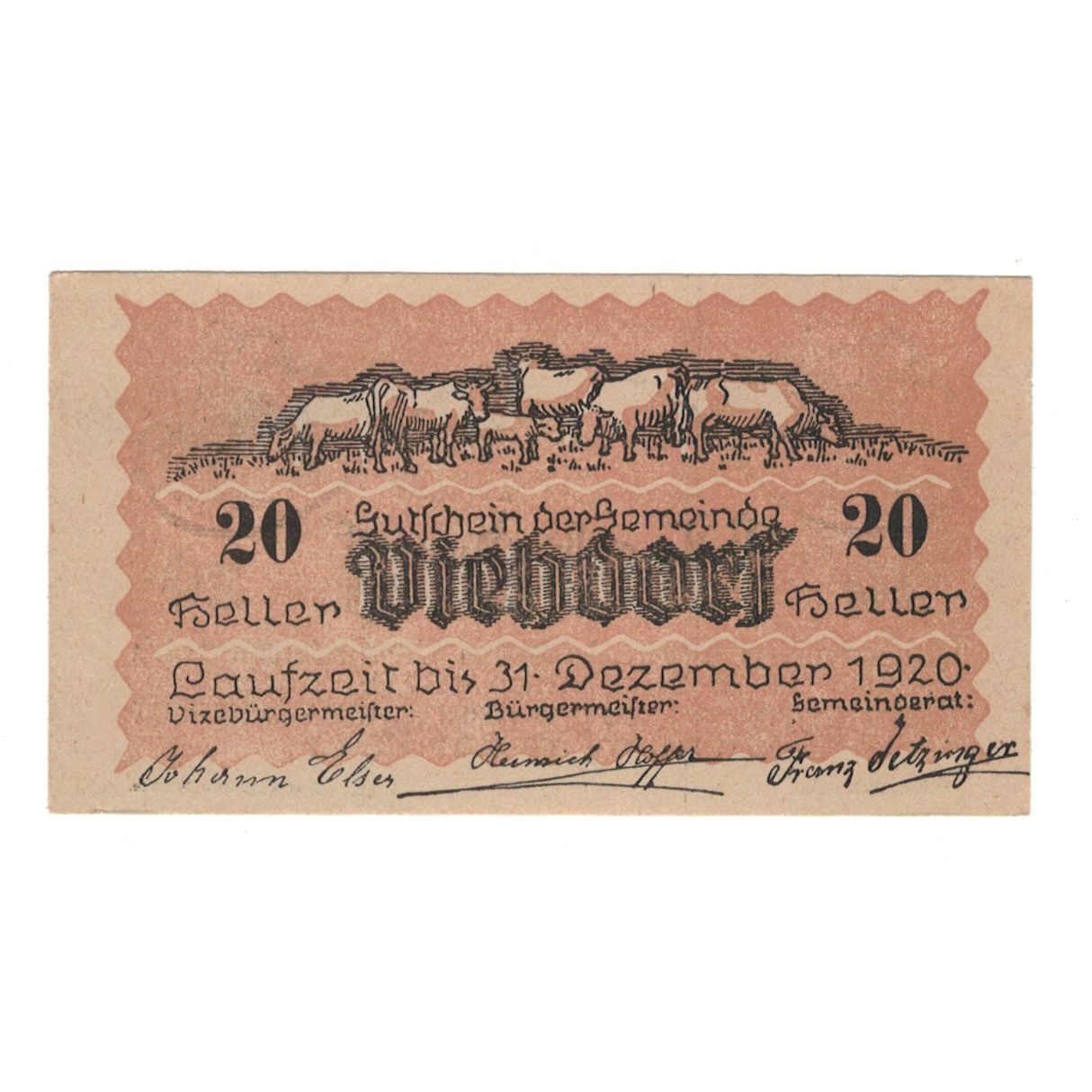 Banconote, Austria, Viehdorf N.Ö. Gemeinde, 20 Heller, Vaches 2, 1920