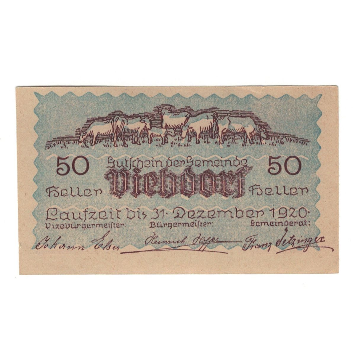 Banknote, Austria, Viehdorf N.Ö. Gemeinde, 50 Heller, Vaches, 1920, 1920-12-31