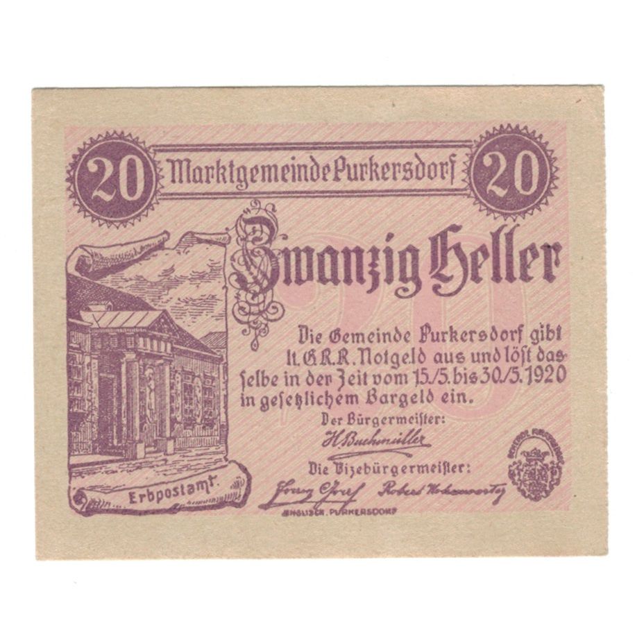 Banknot, Austria, Purkersdorf N.Ö. Marktgemeinde, 20 Heller, N.D, 1920