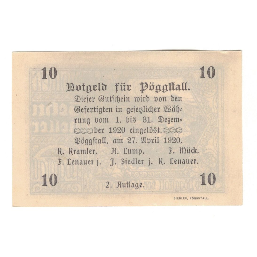 Banknote, Austria, Pöggstall N.Ö. Prv. K Kramler A Lump F Mück, 10 Heller