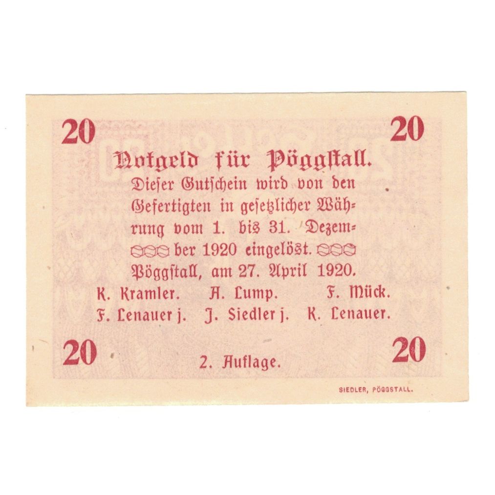 Banknote, Austria, Pöggstall N.Ö. Prv. K Kramler A Lump F Mück, 20 Heller