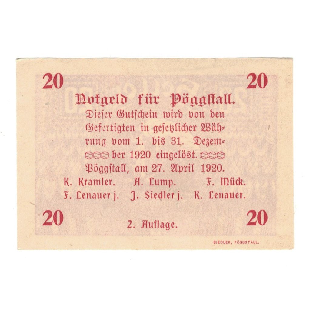 Banknote, Austria, Pöggstall N.Ö. Prv. K Kramler A Lump F Mück, 20 Heller