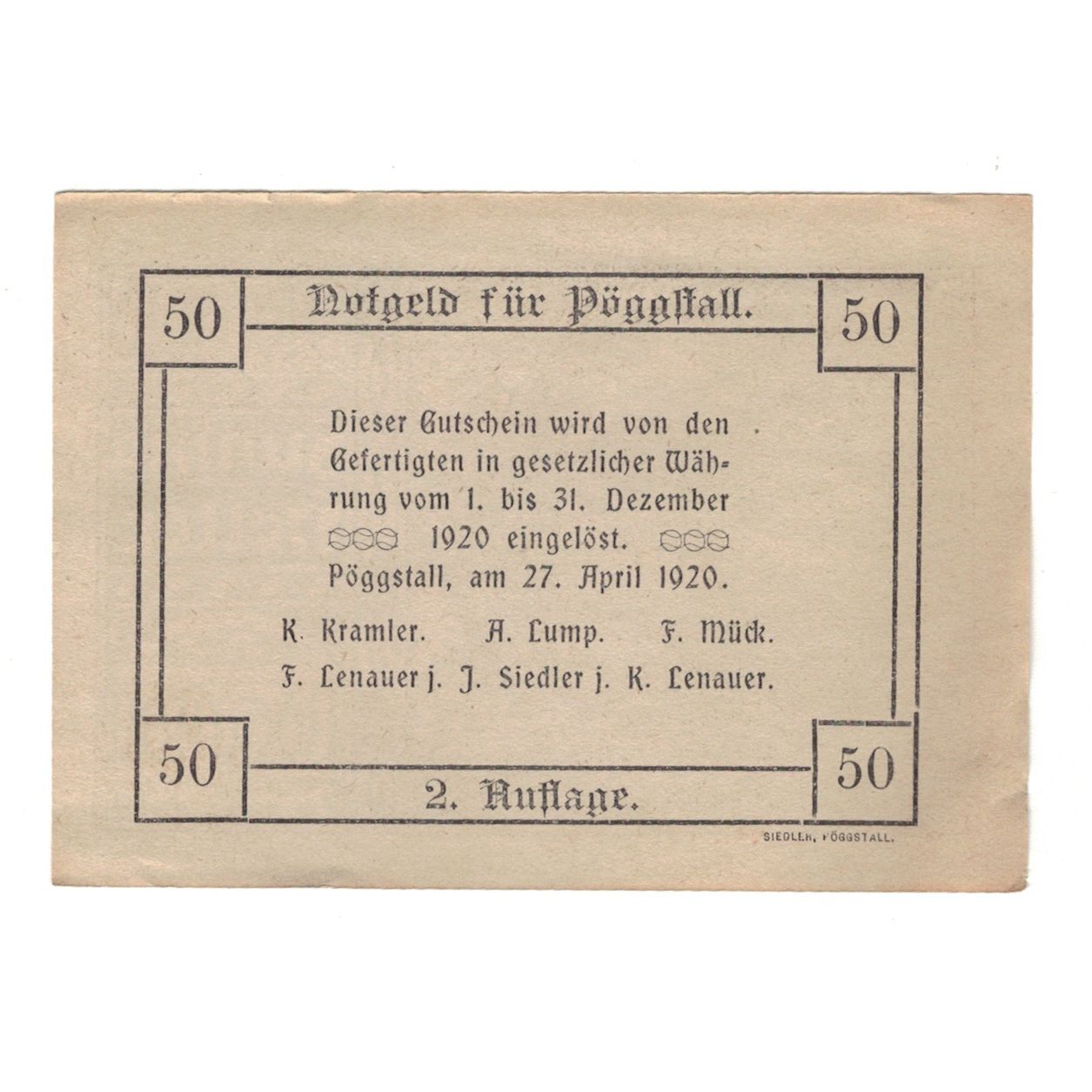 Banknote, Austria, Pöggstall N.Ö. Prv. K Kramler A Lump F Mück, 50 Heller