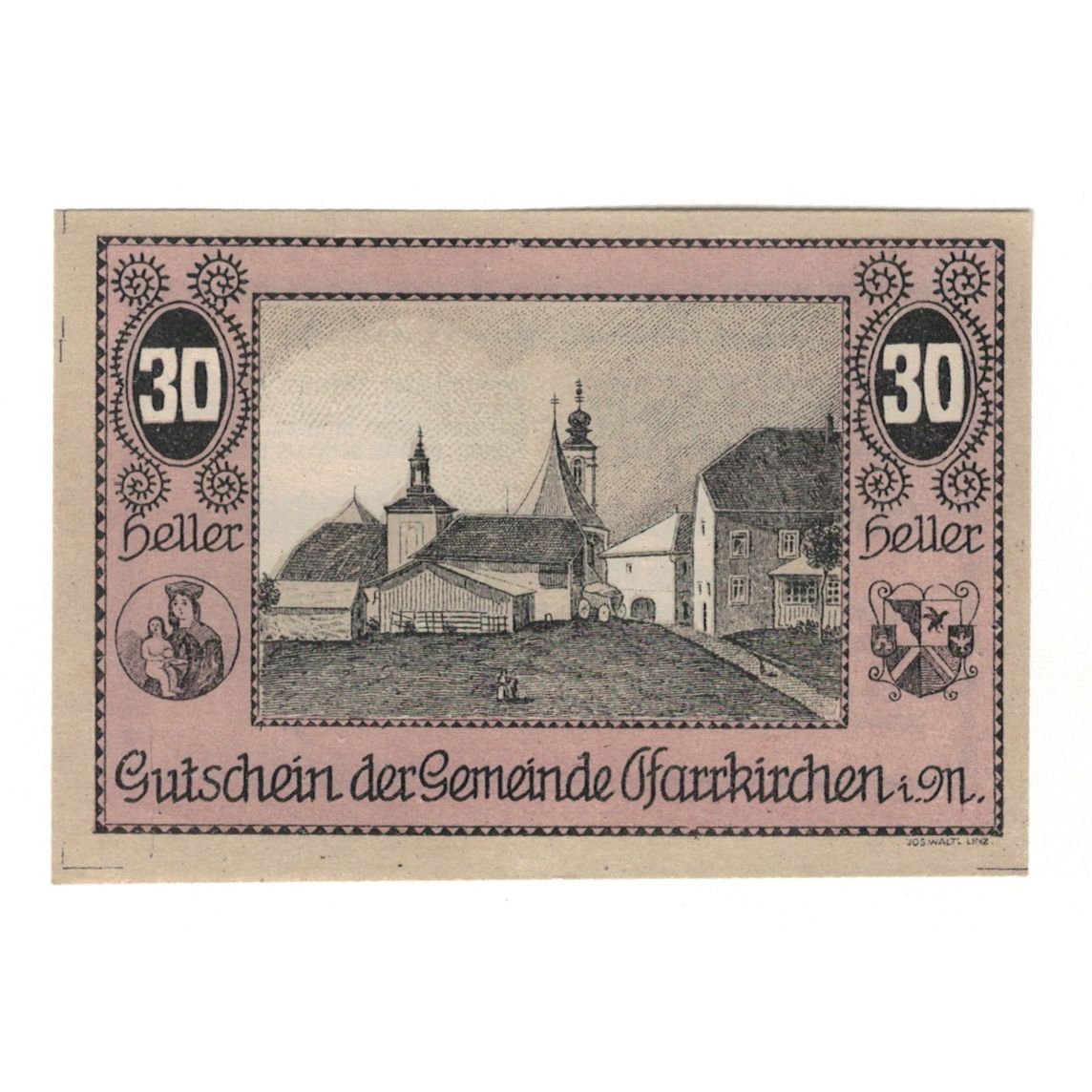 Geldschein, Österreich, Pfarrkirchen im Mühlkreis O.Ö. Gemeinde, 30 Heller