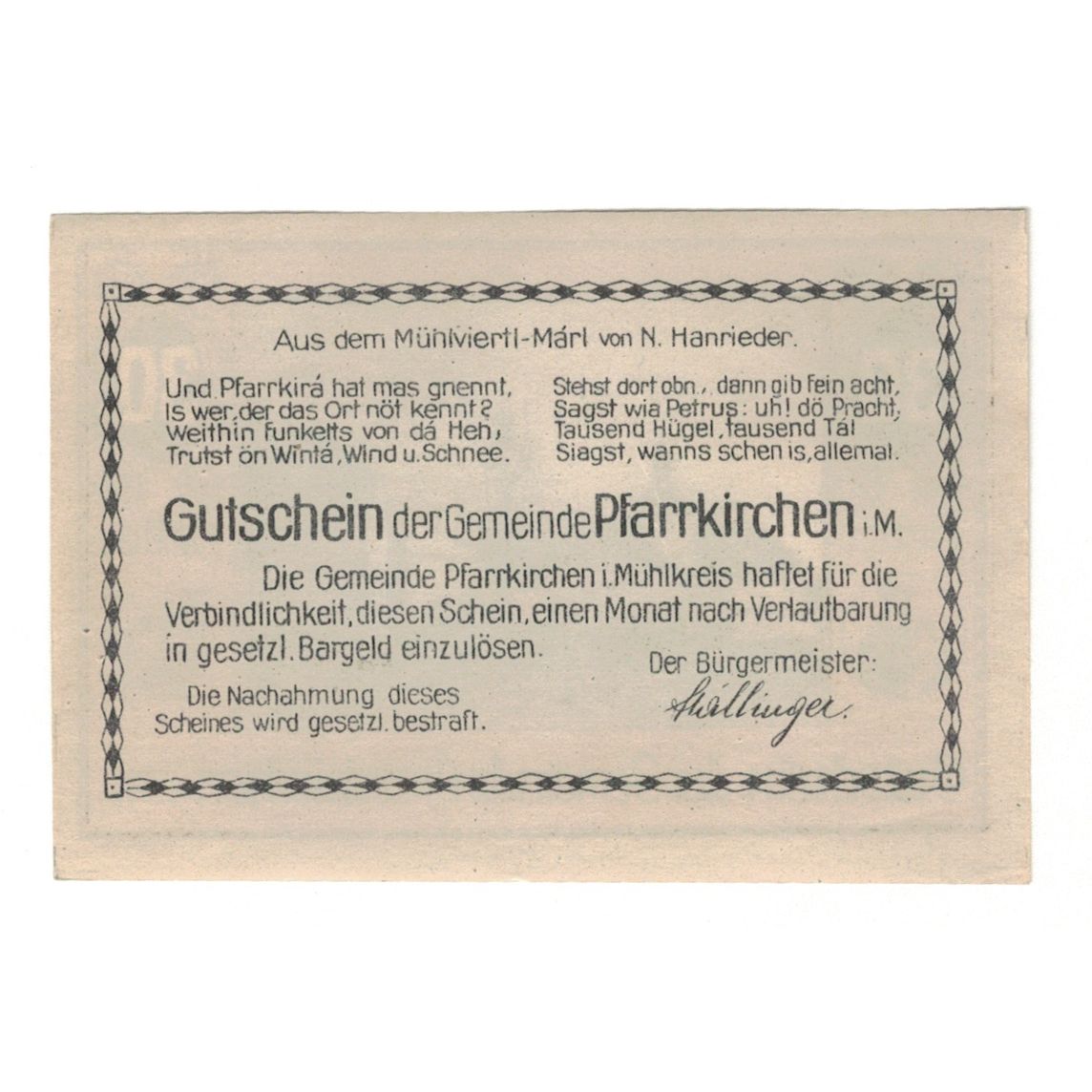 Geldschein, Österreich, Pfarrkirchen im Mühlkreis O.Ö. Gemeinde, 30 Heller