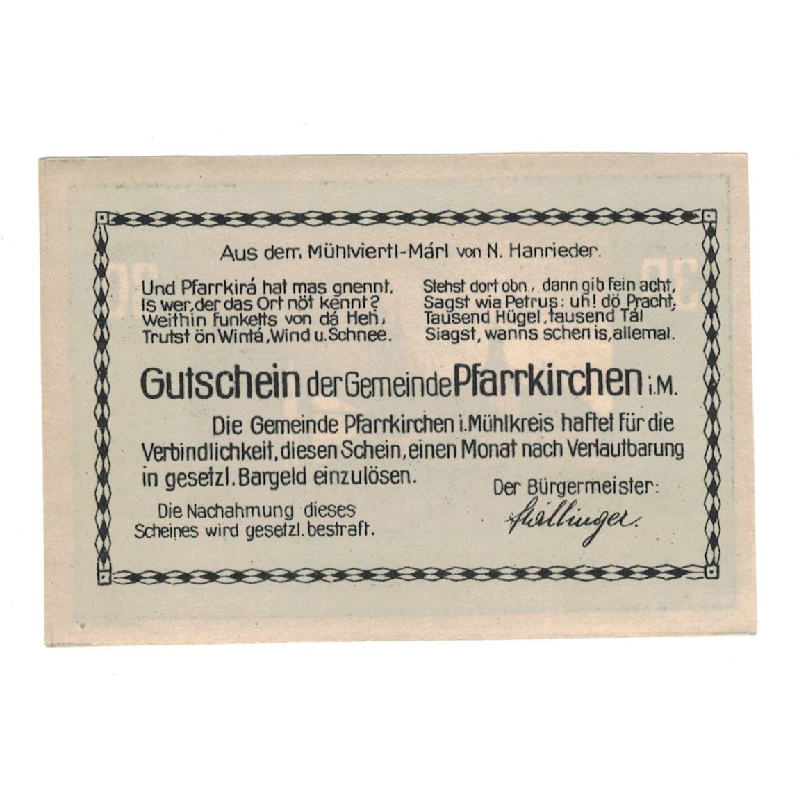 Banknote, Austria, Pfarrkirchen im Mühlkreis O.Ö. Gemeinde, 30 Heller, Texte