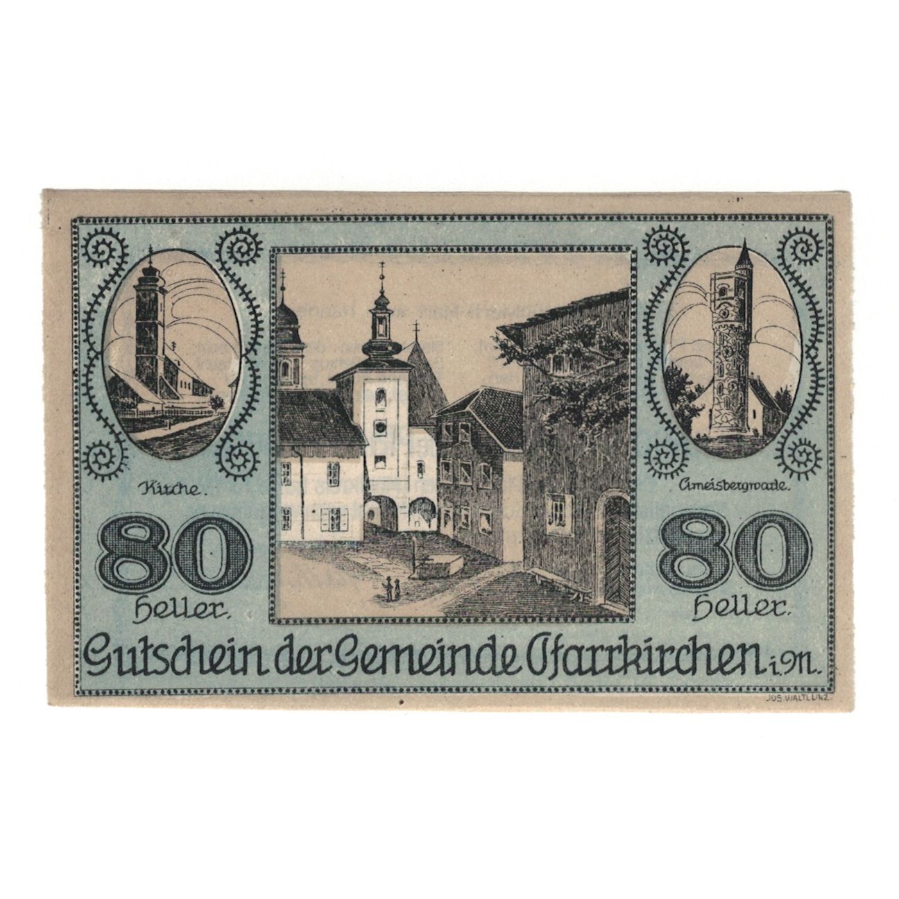 Banconote, Austria, Pfarrkirchen im Mühlkreis O.Ö. Gemeinde, 80 Heller, Texte