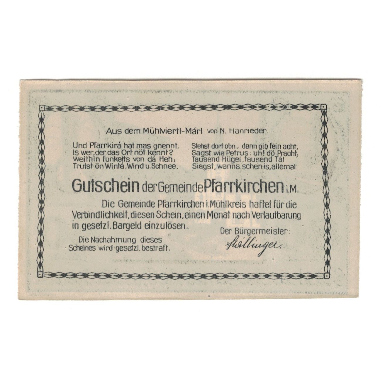 Banconote, Austria, Pfarrkirchen im Mühlkreis O.Ö. Gemeinde, 80 Heller, Texte
