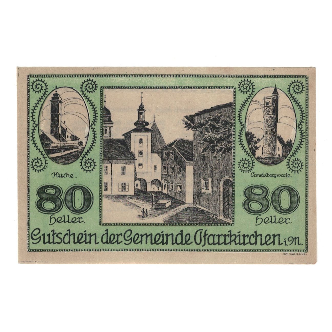 Banconote, Austria, Pfarrkirchen im Mühlkreis O.Ö. Gemeinde, 80 Heller, Texte